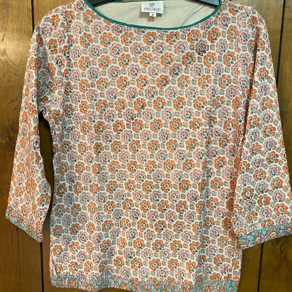 Anokhi Women's Floral Print Blouse - Orange and Green
